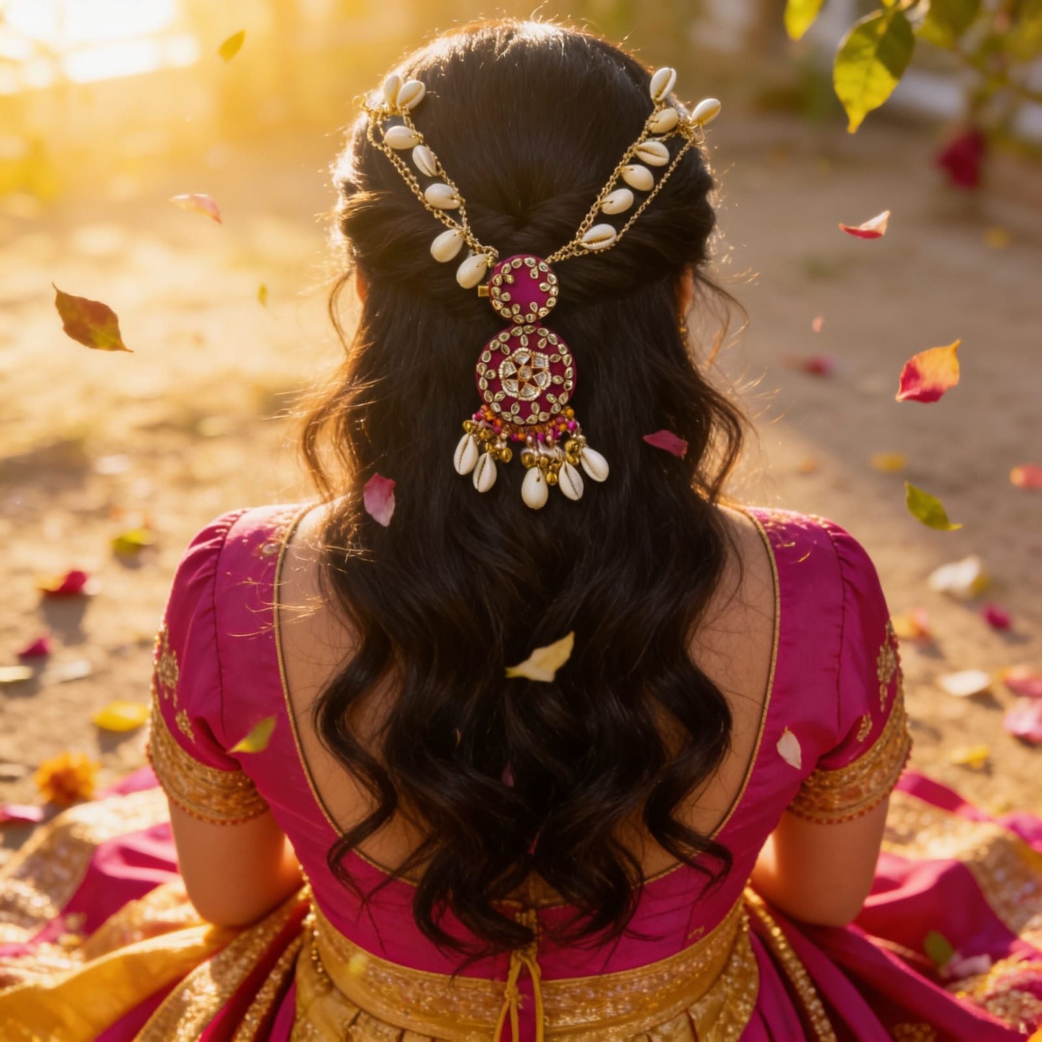 Rani Pink Kundan Cowrie Hair Adornment by Suryatra