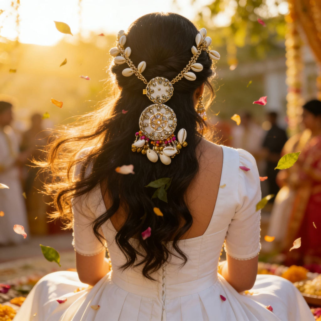 Ivory Pearl Kundan Cowrie Hair Adornment by Suryatra