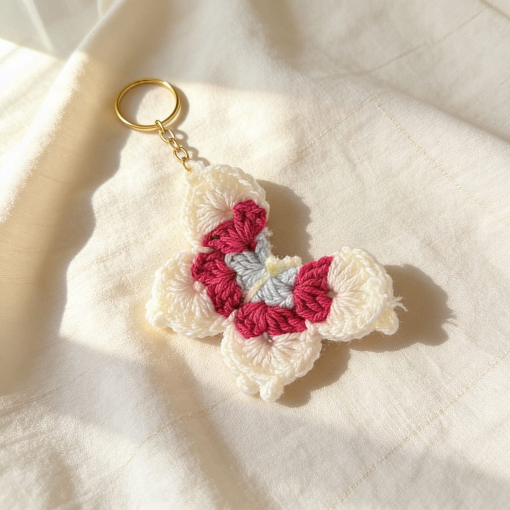 Sunflutter Crochet Butterfly Keychain (White-Pink) by Suryatra