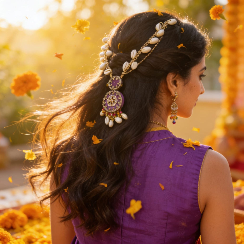 Royal Amethyst Kundan Cowrie Hair Adornment by Suryatra