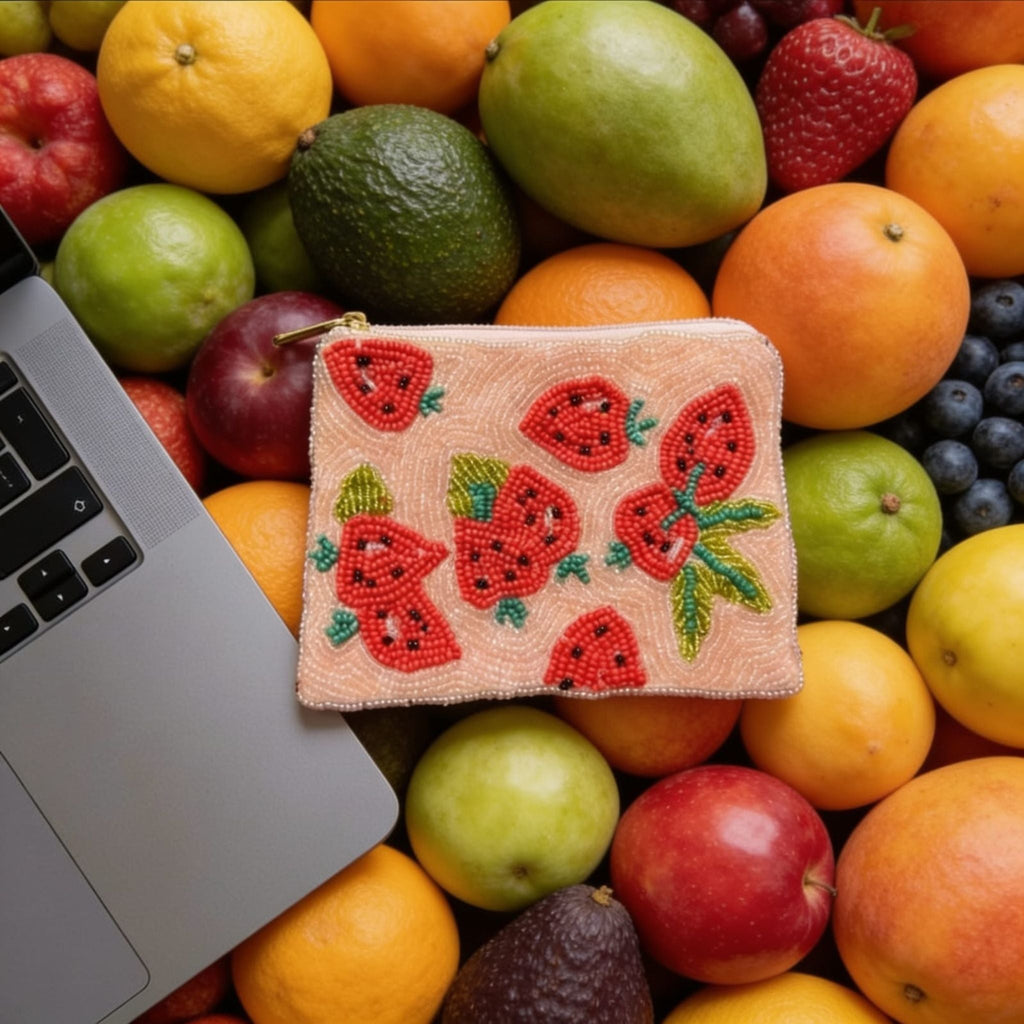 Strawberry Fields Beaded Pouch by Suryatra