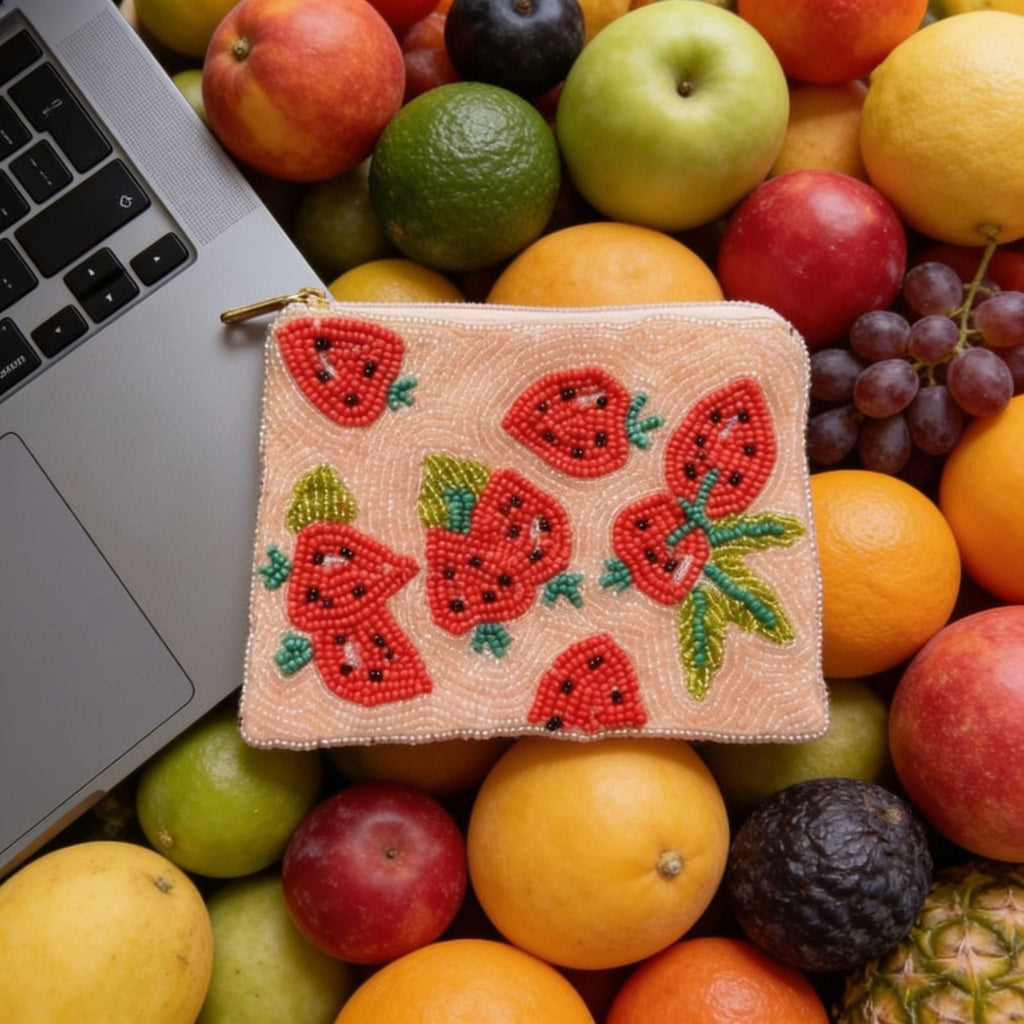 Strawberry Fields Beaded Pouch by Suryatra