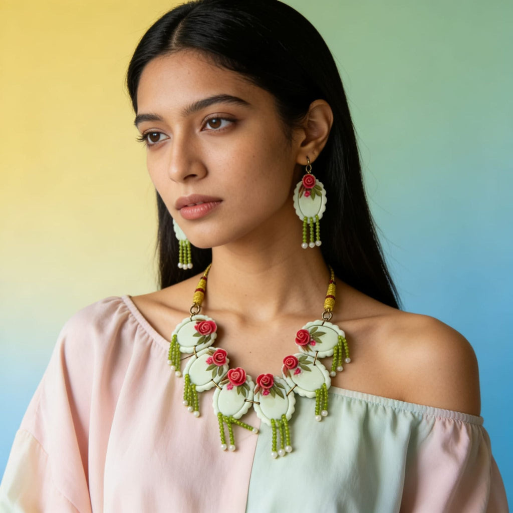 Rose Garden Polymer Clay Jewellery Set by Suryatra