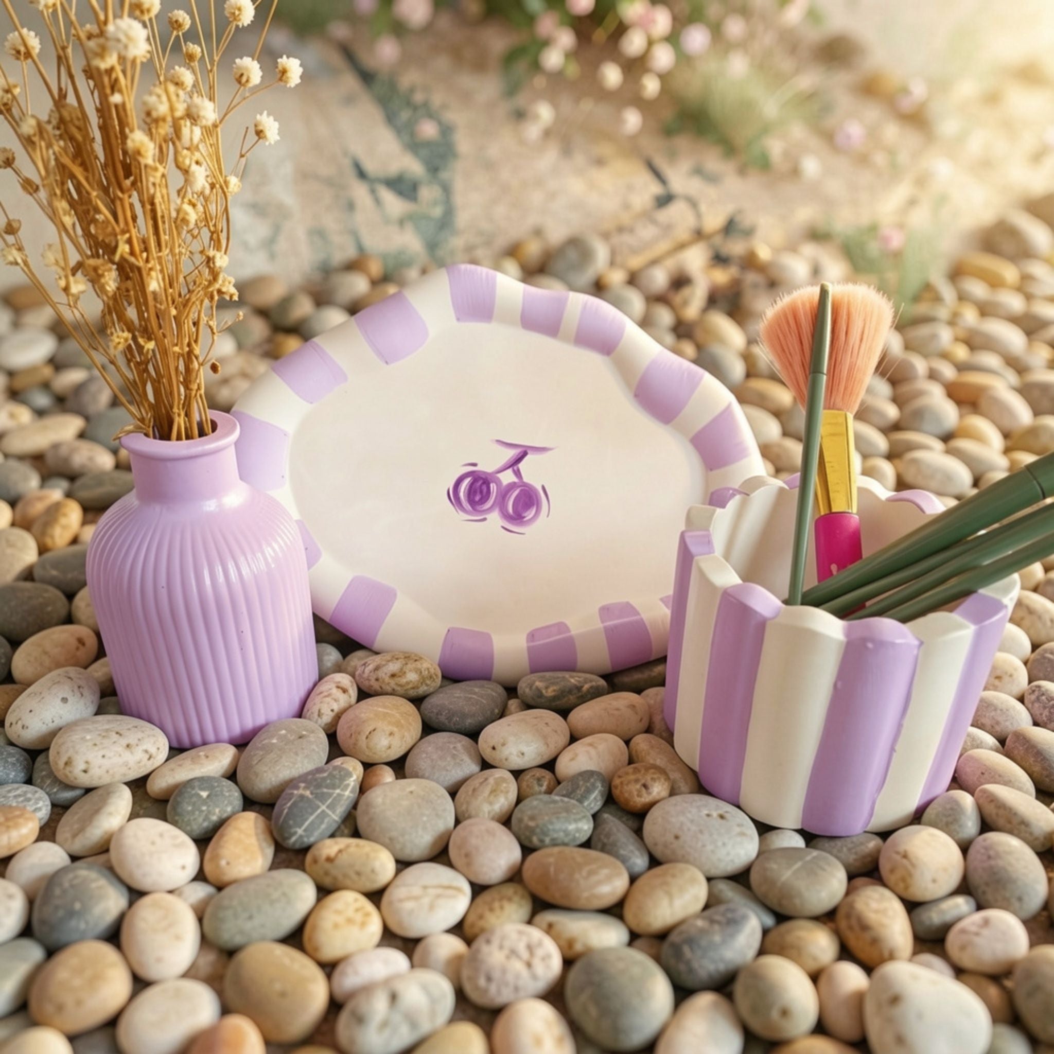 Lavender Stripe Ceramic Vanity Set by Suryatra