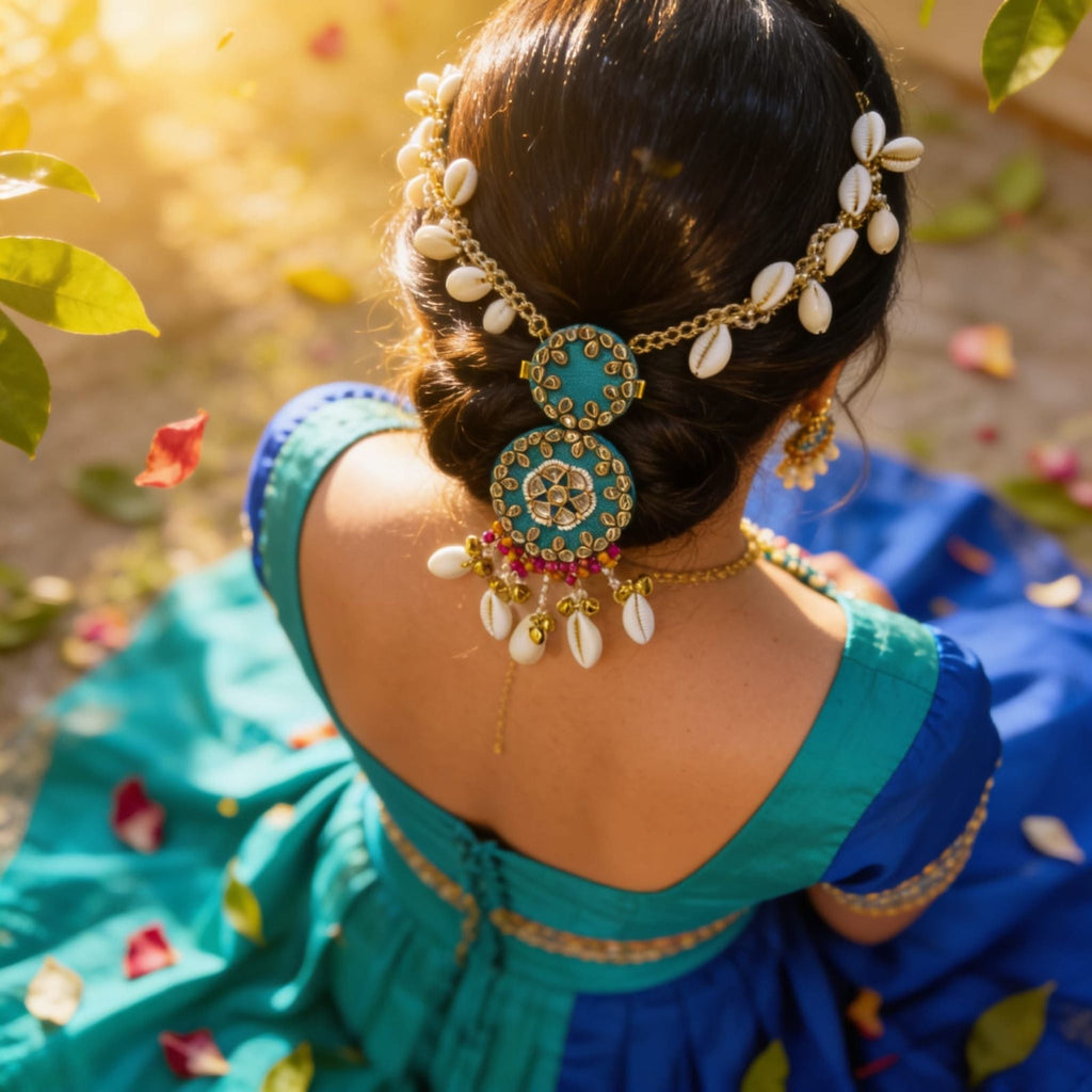 Emerald Teal Kundan Cowrie Hair Adornment by Suryatra