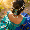 Emerald Teal Kundan Cowrie Hair Adornment by Suryatra