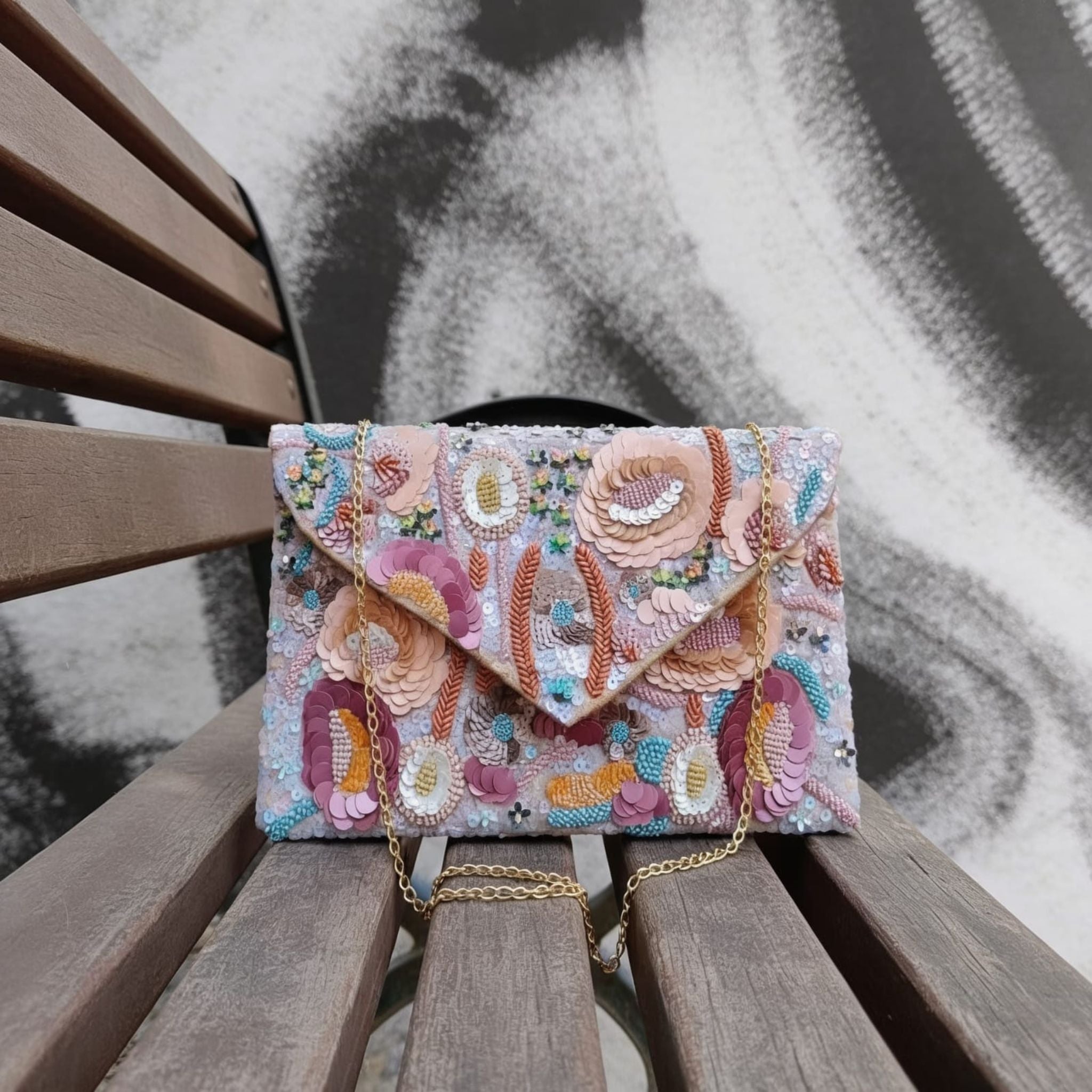 Meadow Blossom Sequin Envelope Sling Bag by Suryatra