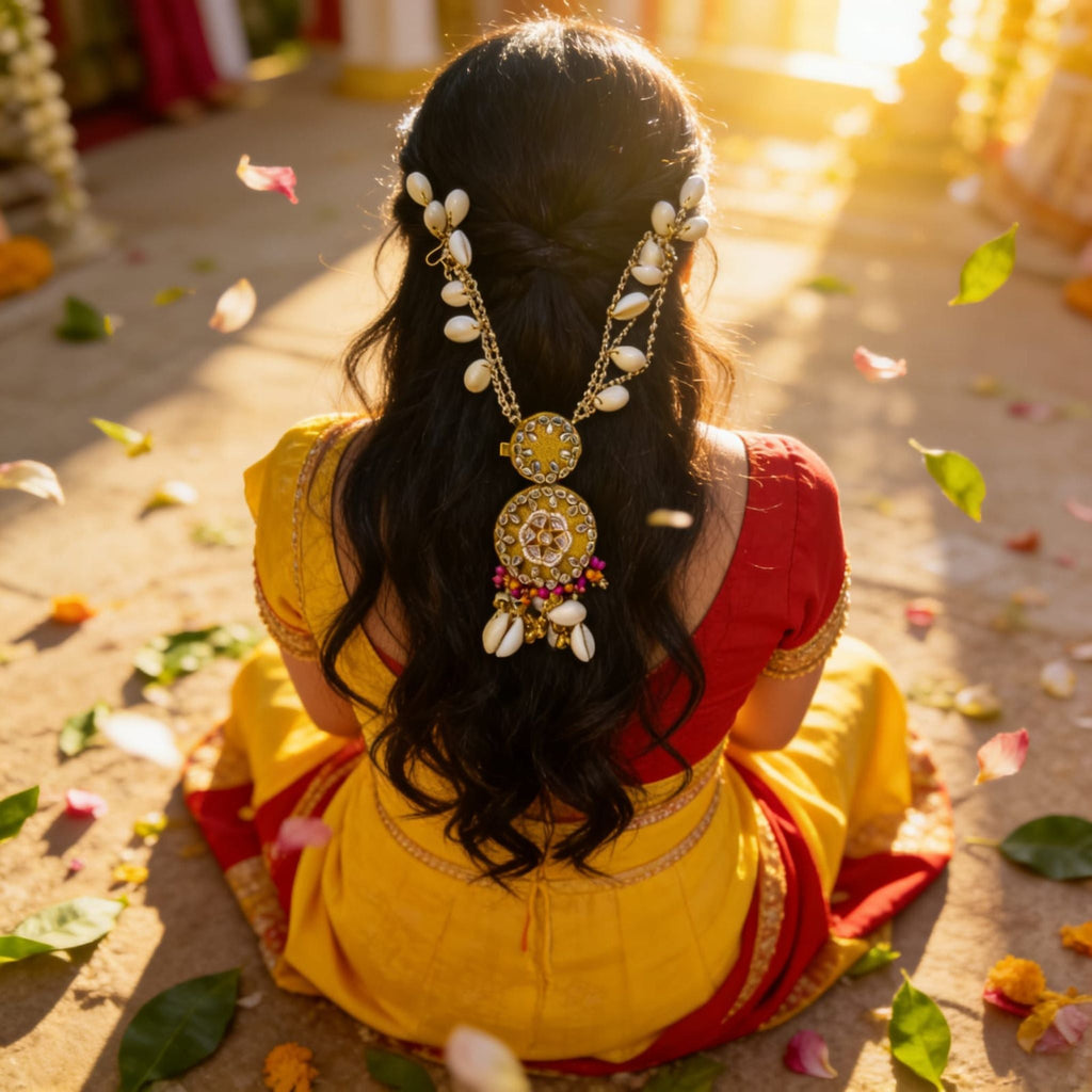 Golden Sun Kundan Cowrie Hair Adornment by Suryatra