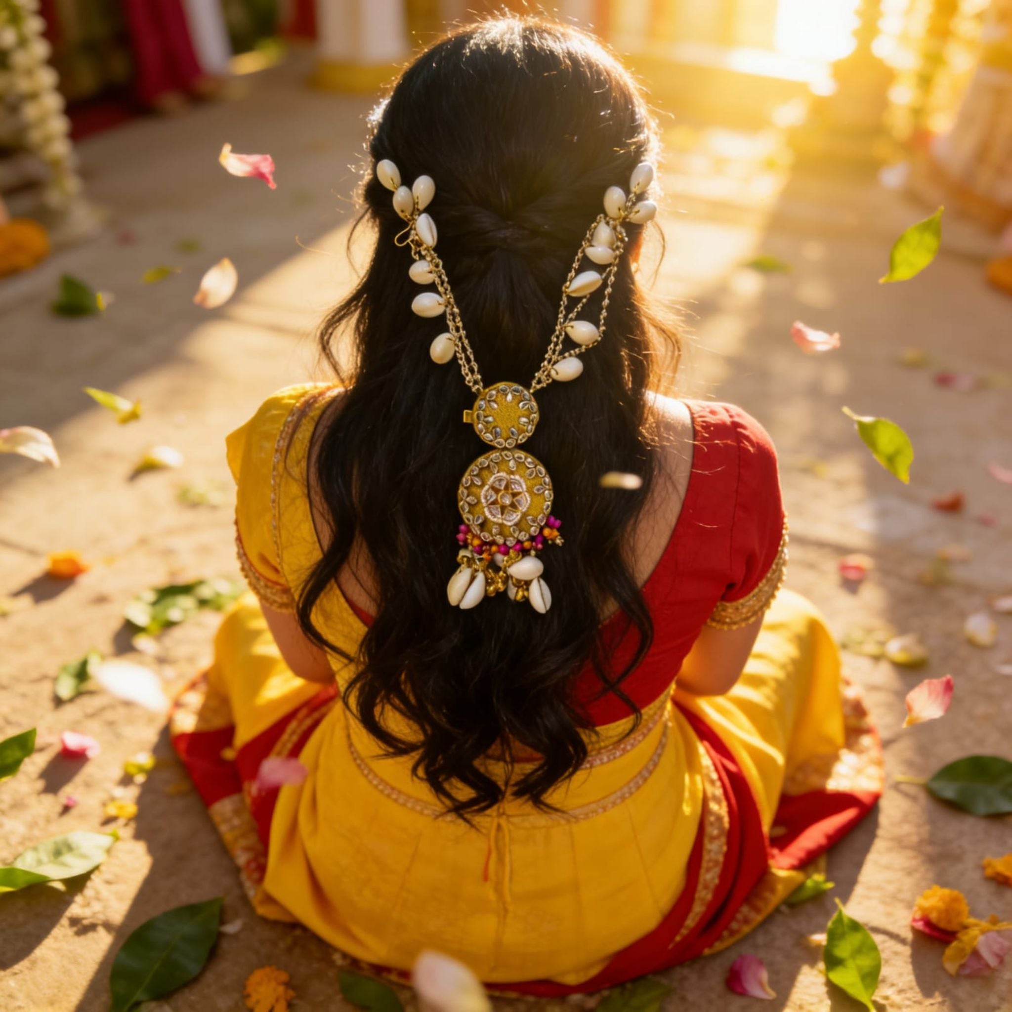 Golden Sun Kundan Cowrie Hair Adornment by Suryatra