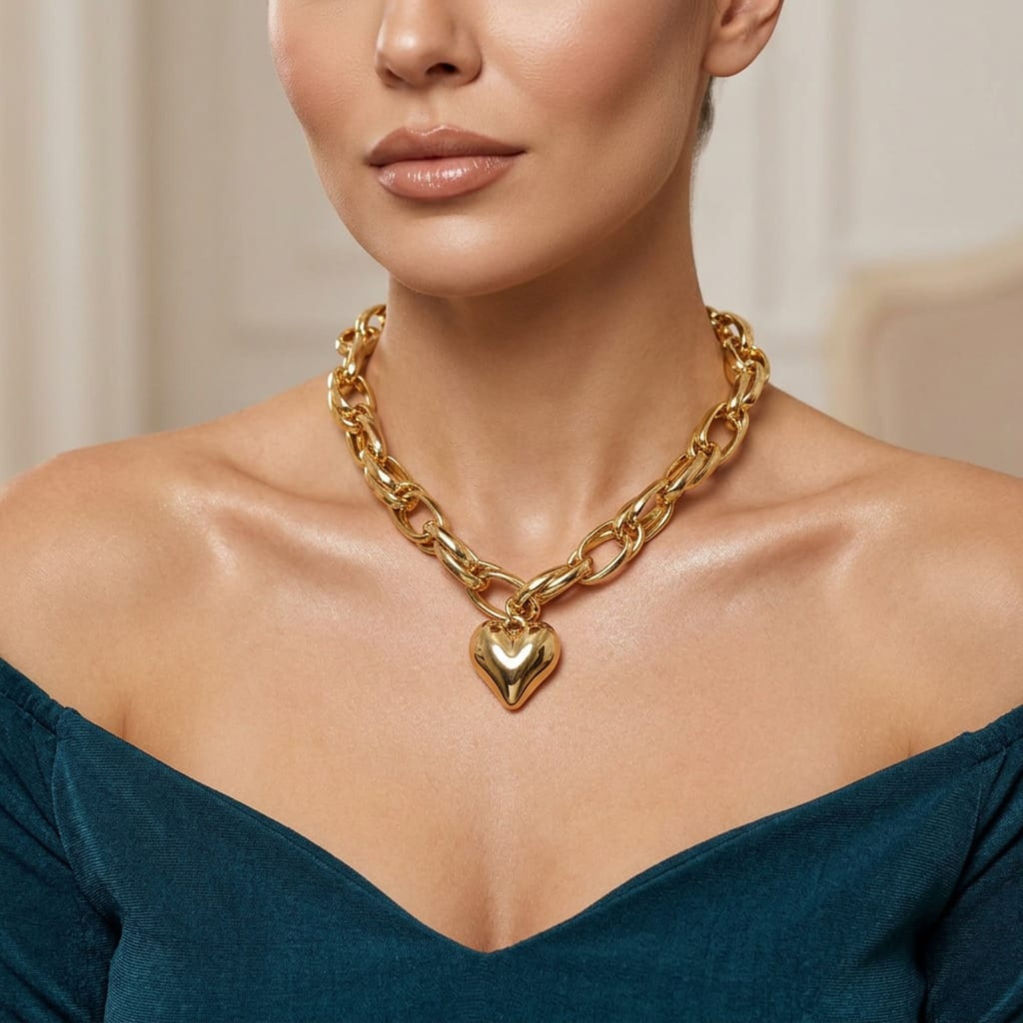 Golden Heart Chain Statement Necklace By Suryatra