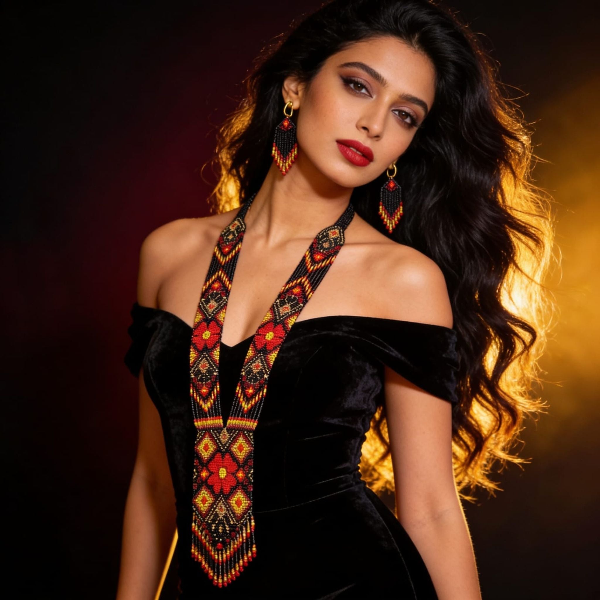 Midnight Ember Beaded Jewelry Set By Suryatra
