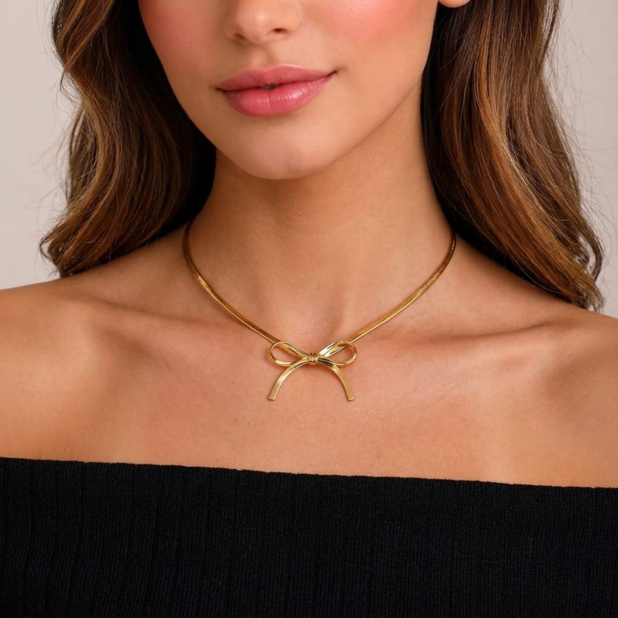 Golden Ribbon Bow Necklace By Suryatra