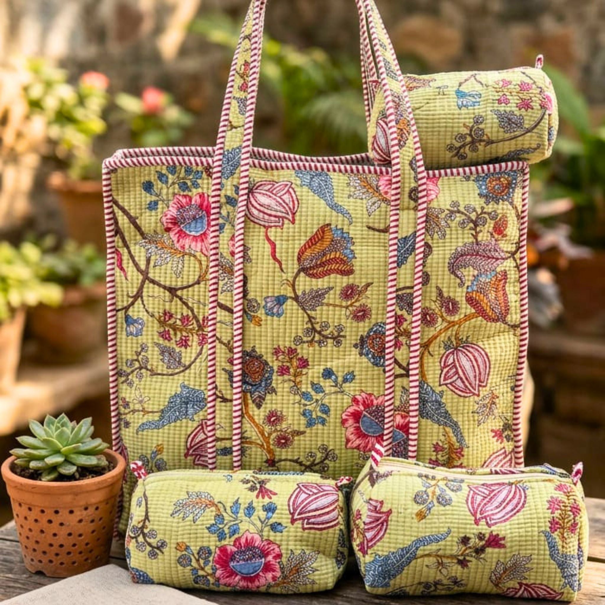Quilted Floral Tote Combo (Yellow) by Suryatra