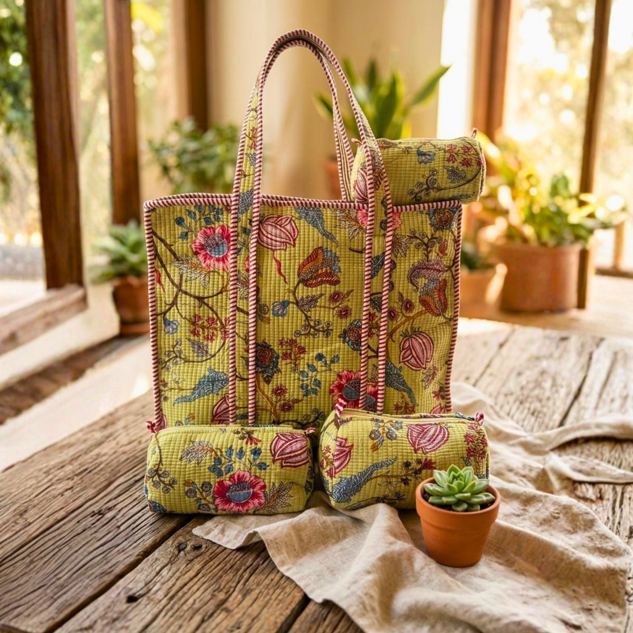 Quilted Floral Tote Combo (Yellow) by Suryatra