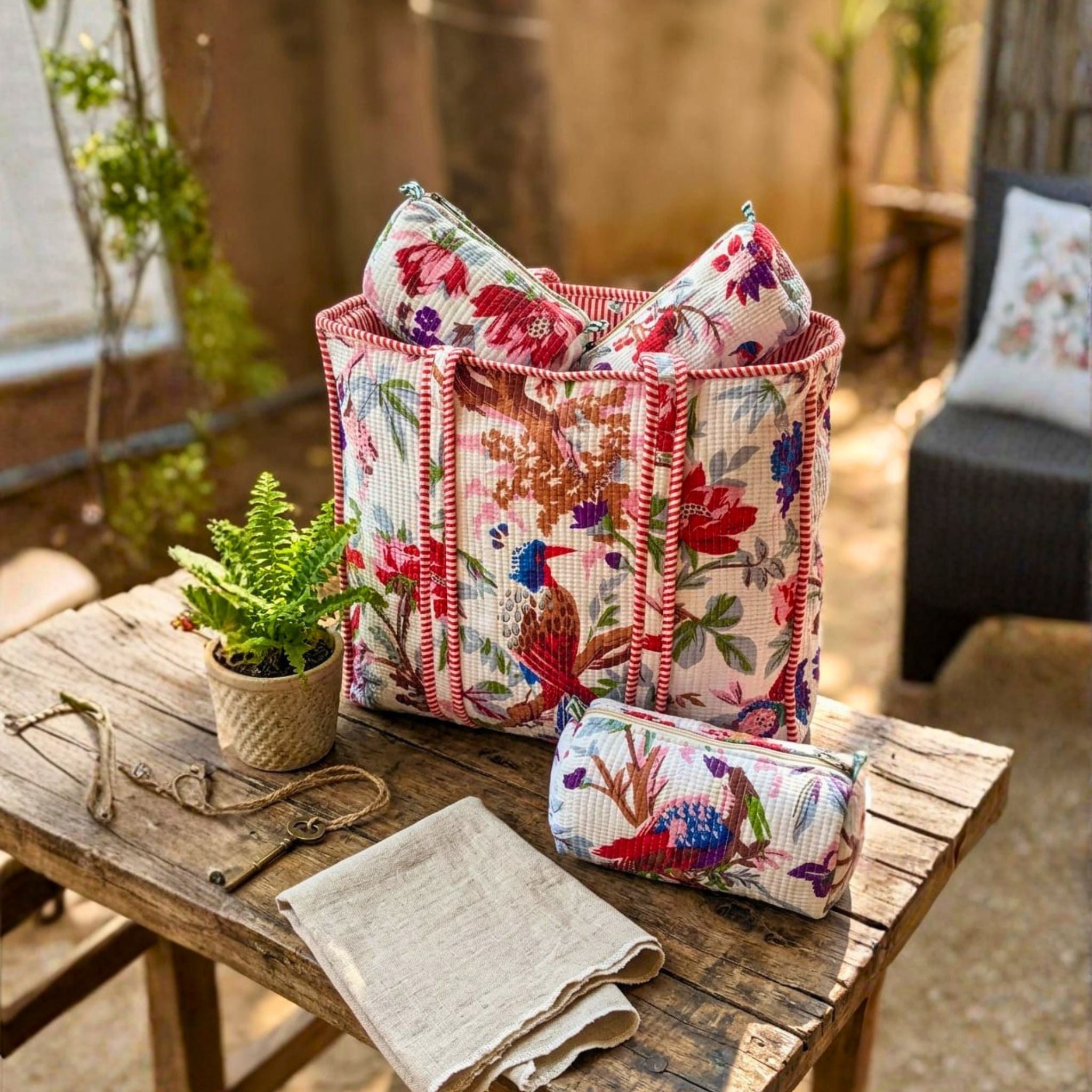 Quilted Floral Tote Combo (White and Red) by Suryatra
