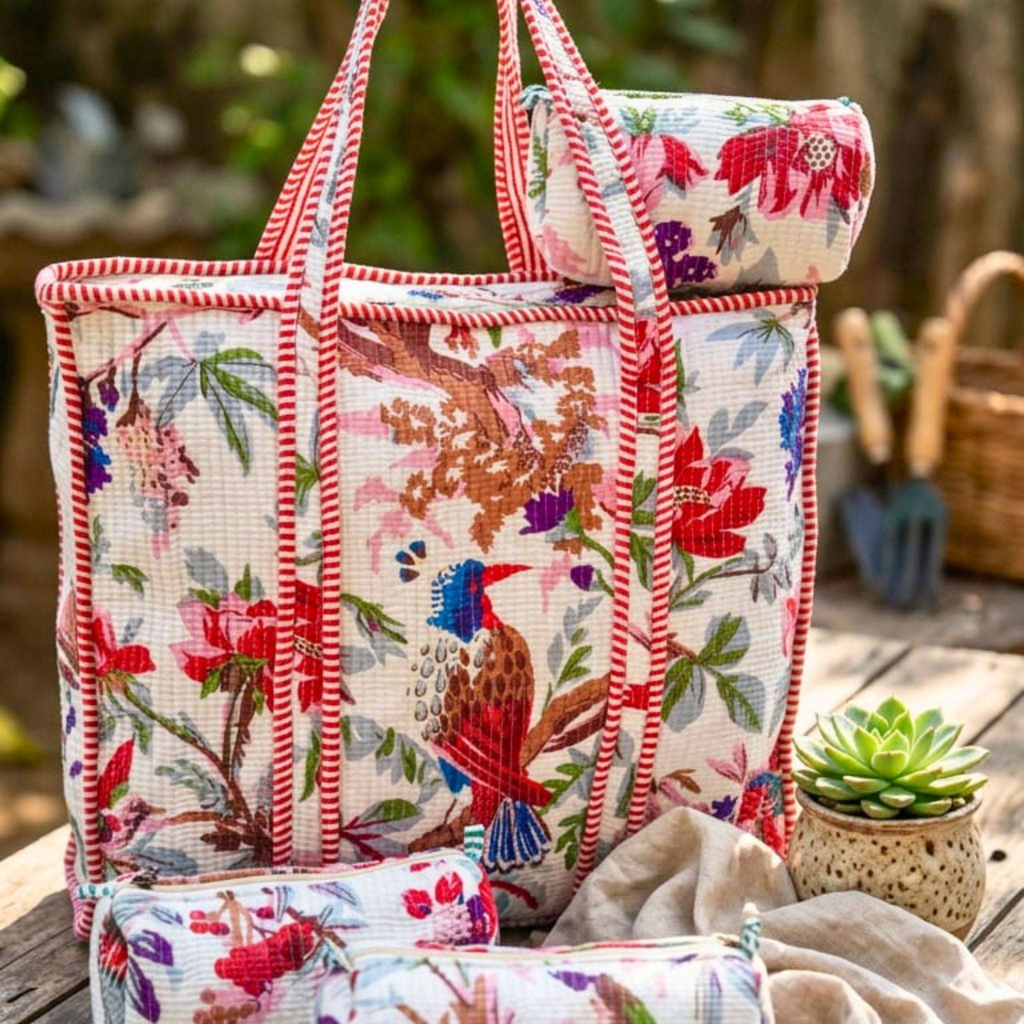 Quilted Floral Tote Combo (White and Red) by Suryatra