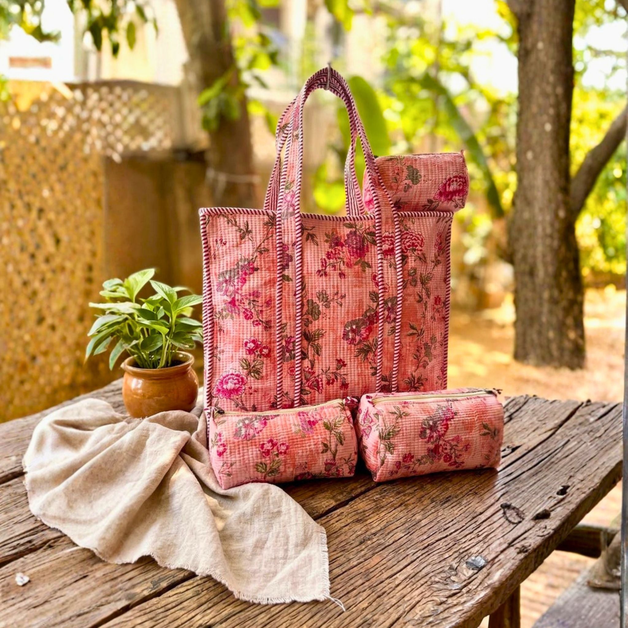Quilted Floral Tote Combo (Pink and Green) by Suryatra