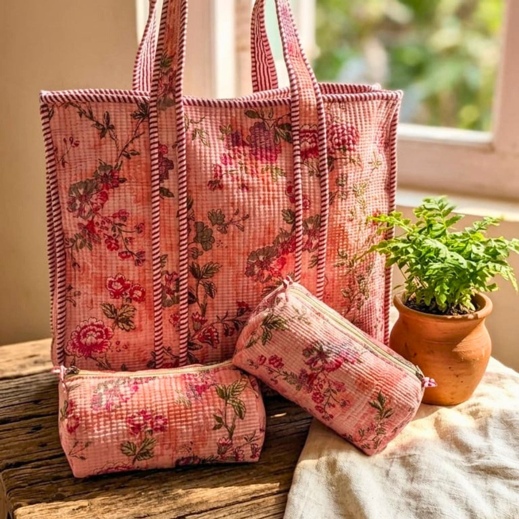 Quilted Floral Tote Combo (Pink and Green) by Suryatra