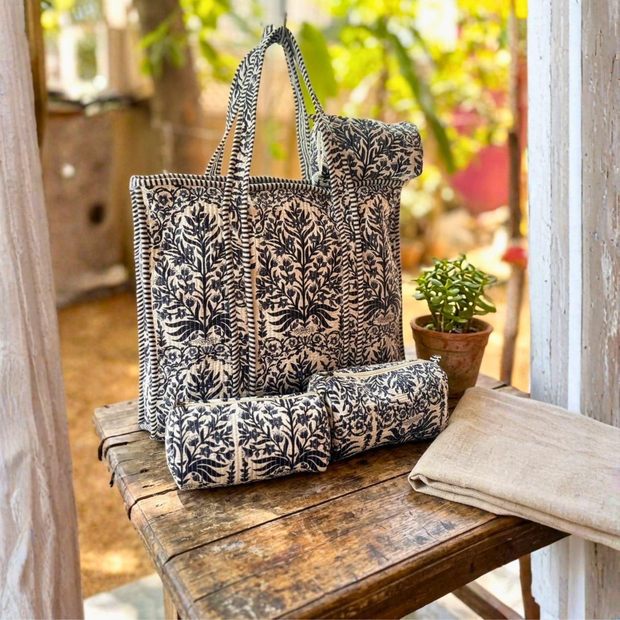Quilted Floral Tote Combo (Blue and Cream) by Suryatra