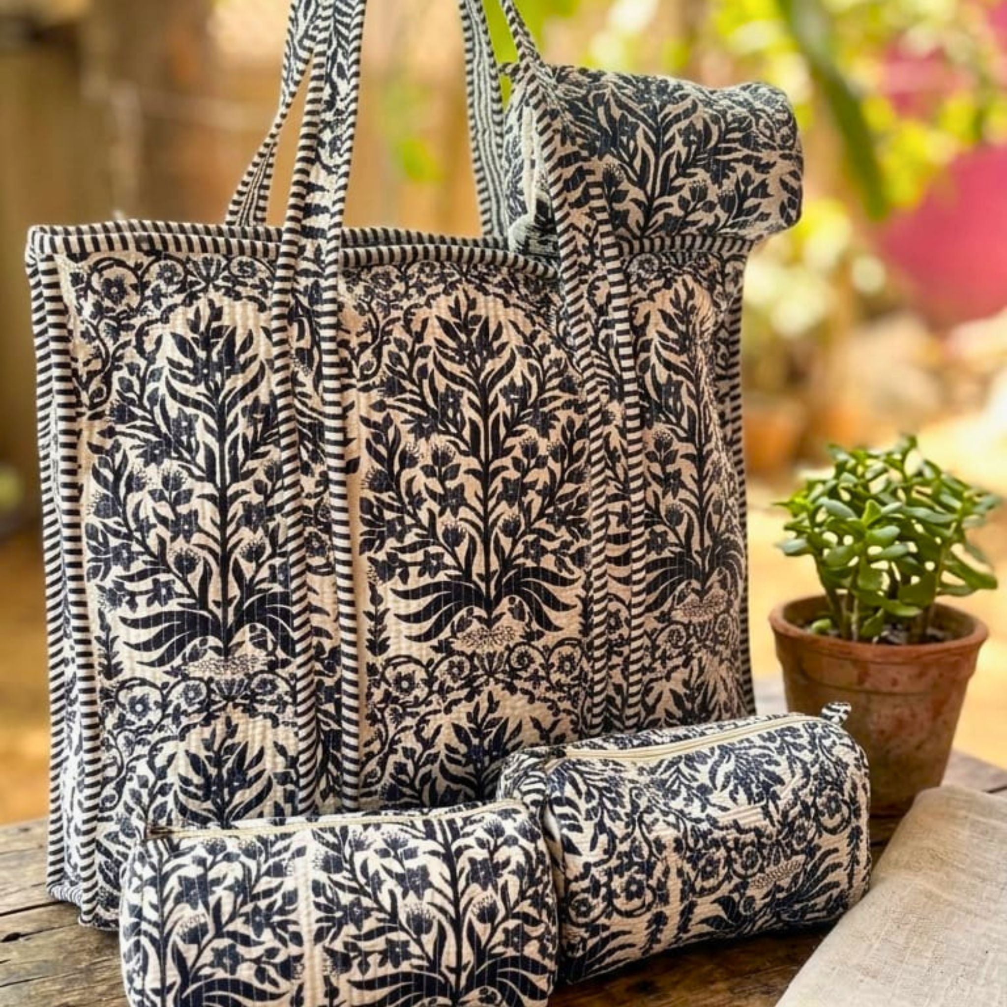 Quilted Floral Tote Combo (Blue and Cream) by Suryatra