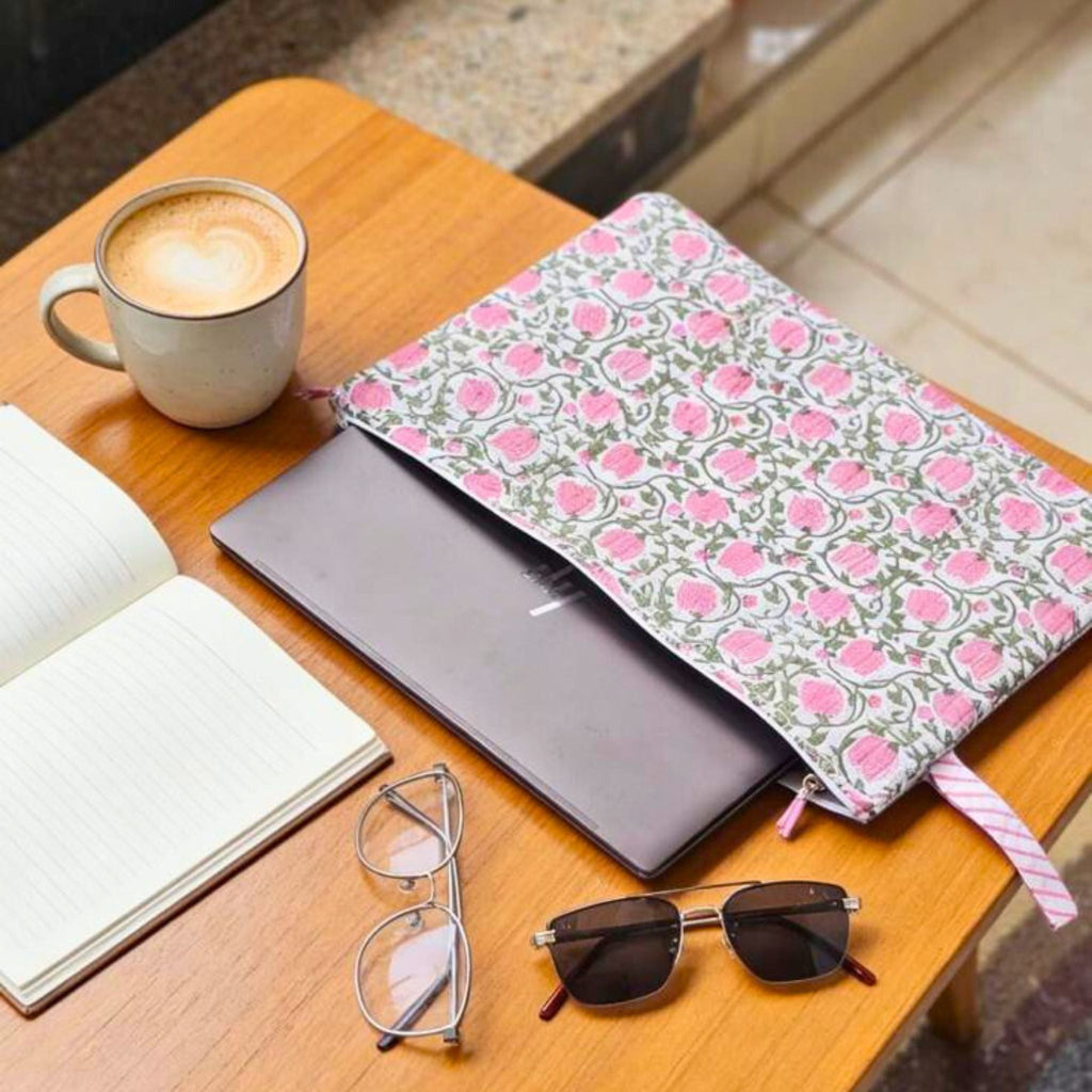 13 Inch Laptop/ipad Waterproof Sleeves(Green and Pink Flower) by Suryatra