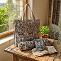 Quilted Floral Tote Combo (Blue and Cream) by Suryatra