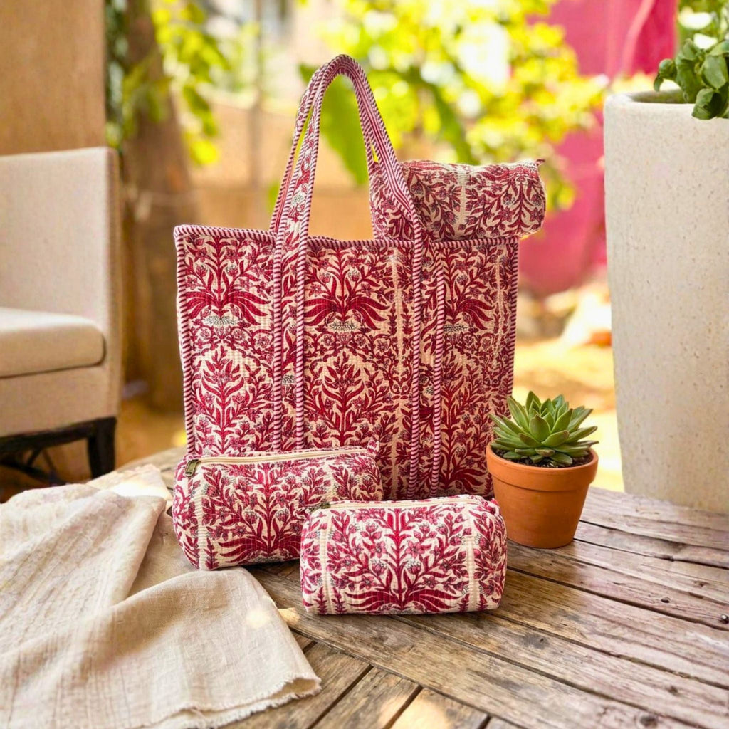 Quilted Floral Tote Combo (Pink and Cream) by Suryatra