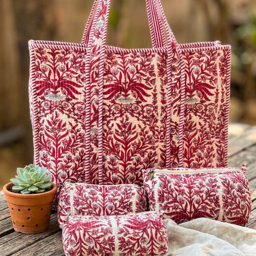 Quilted Floral Tote Combo (Pink and Cream) by Suryatra