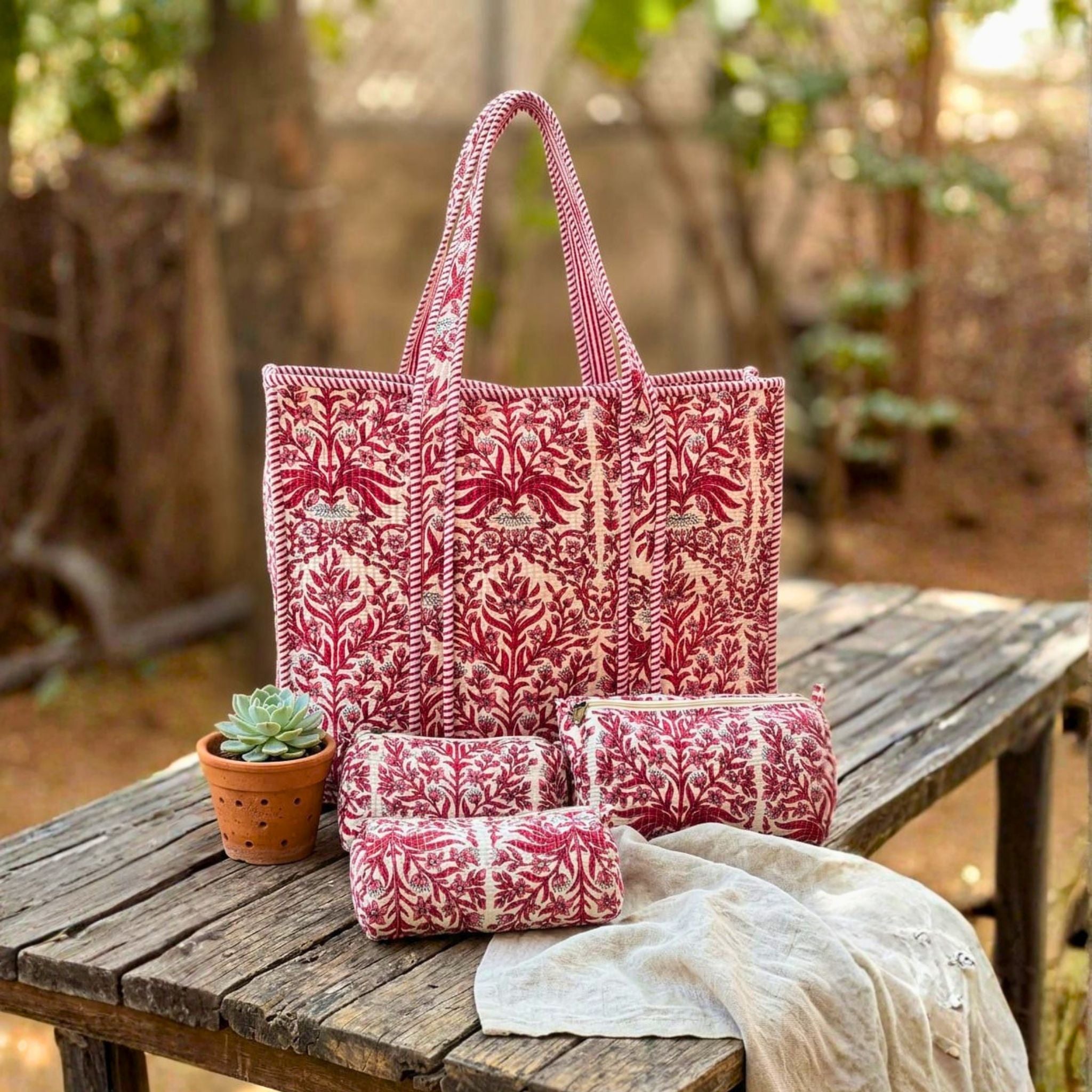 Quilted Floral Tote Combo (Pink and Cream) by Suryatra
