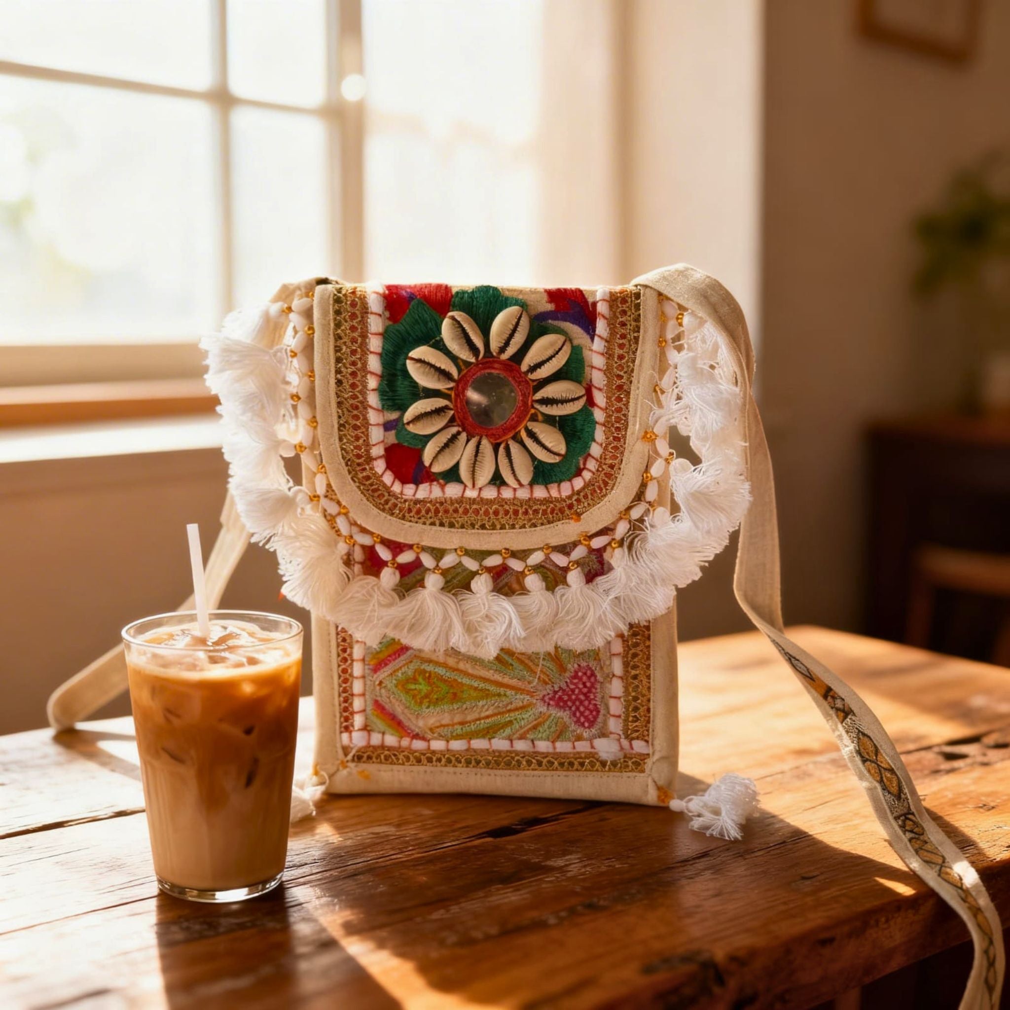 Ivory Mirror & Shell Tassel Sling Bag by Suryatra
