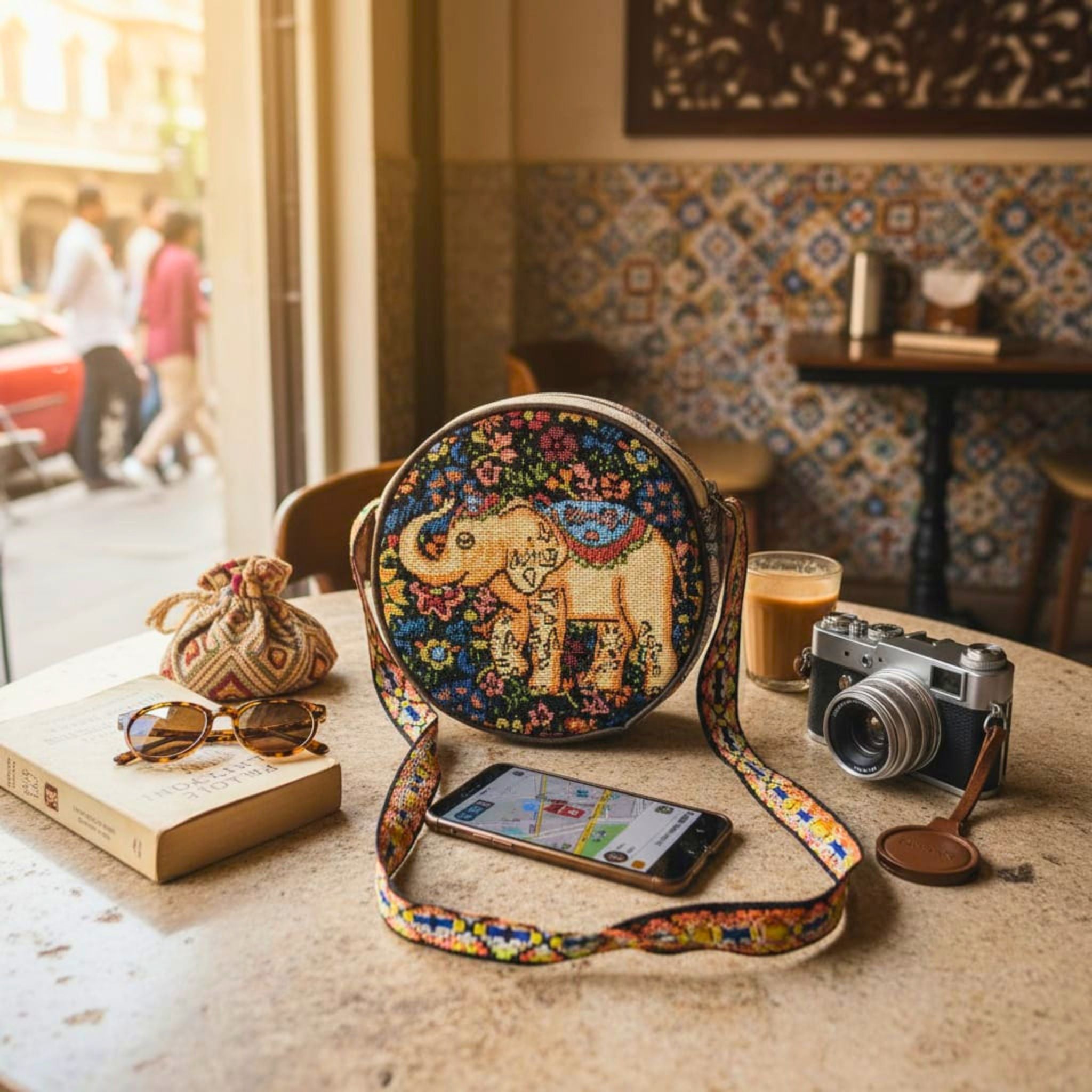 Floral Elephant Heritage Sling Bag by Suryatra
