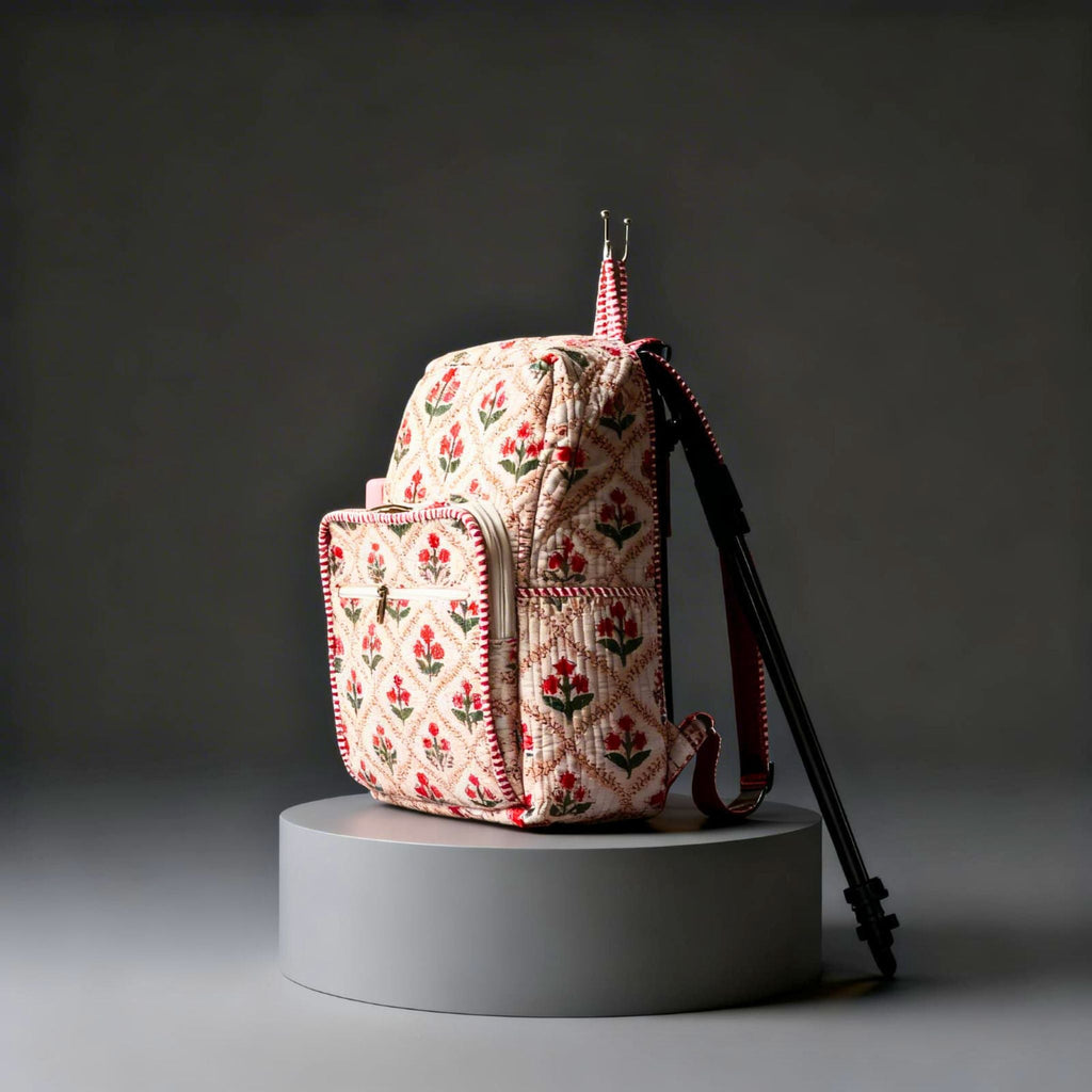 Red Floral Quilted Backpack by Suryatra