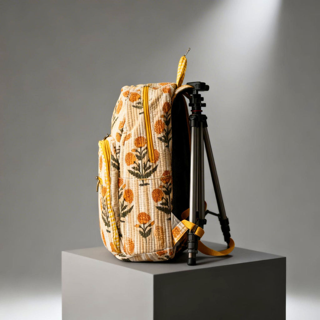 Yellow Floral Quilted Backpack by Suryatra