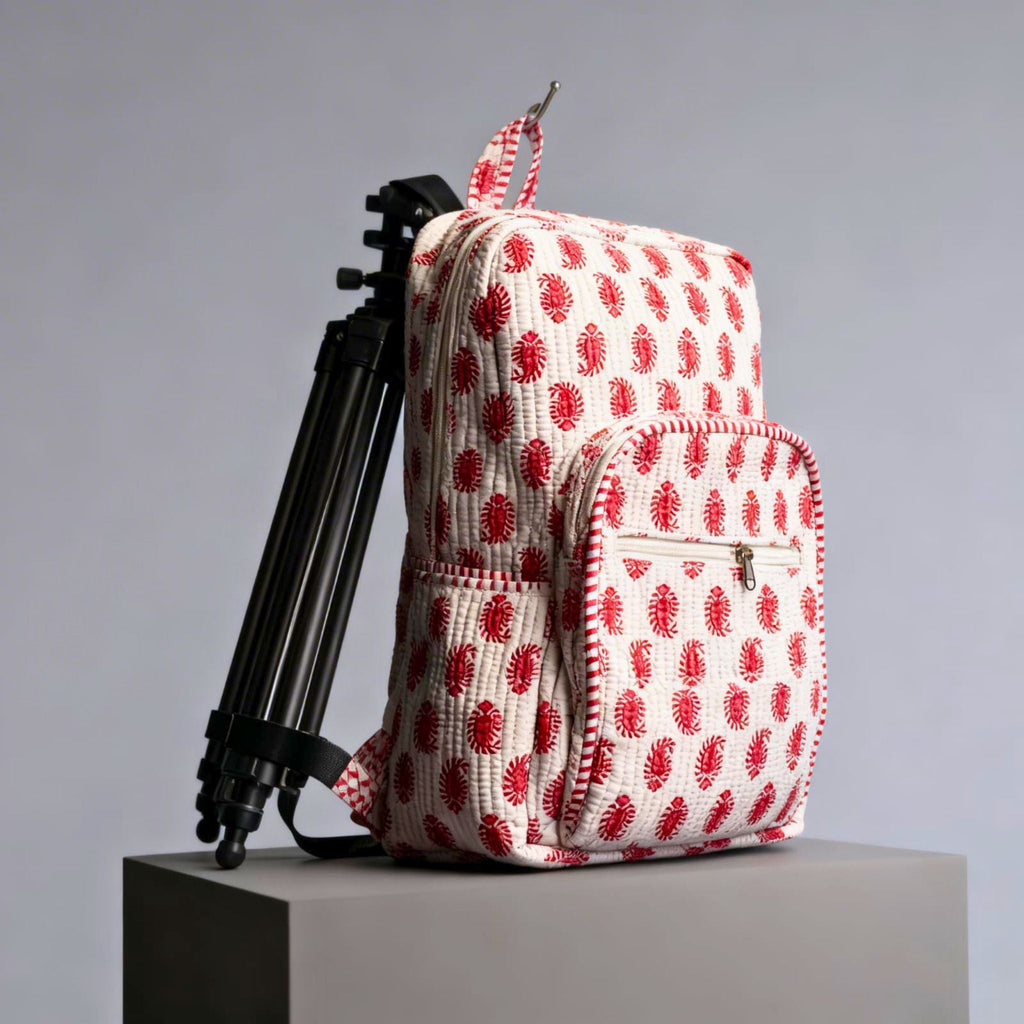 Red Ethnic Print Quilted Backpack by Suryatra