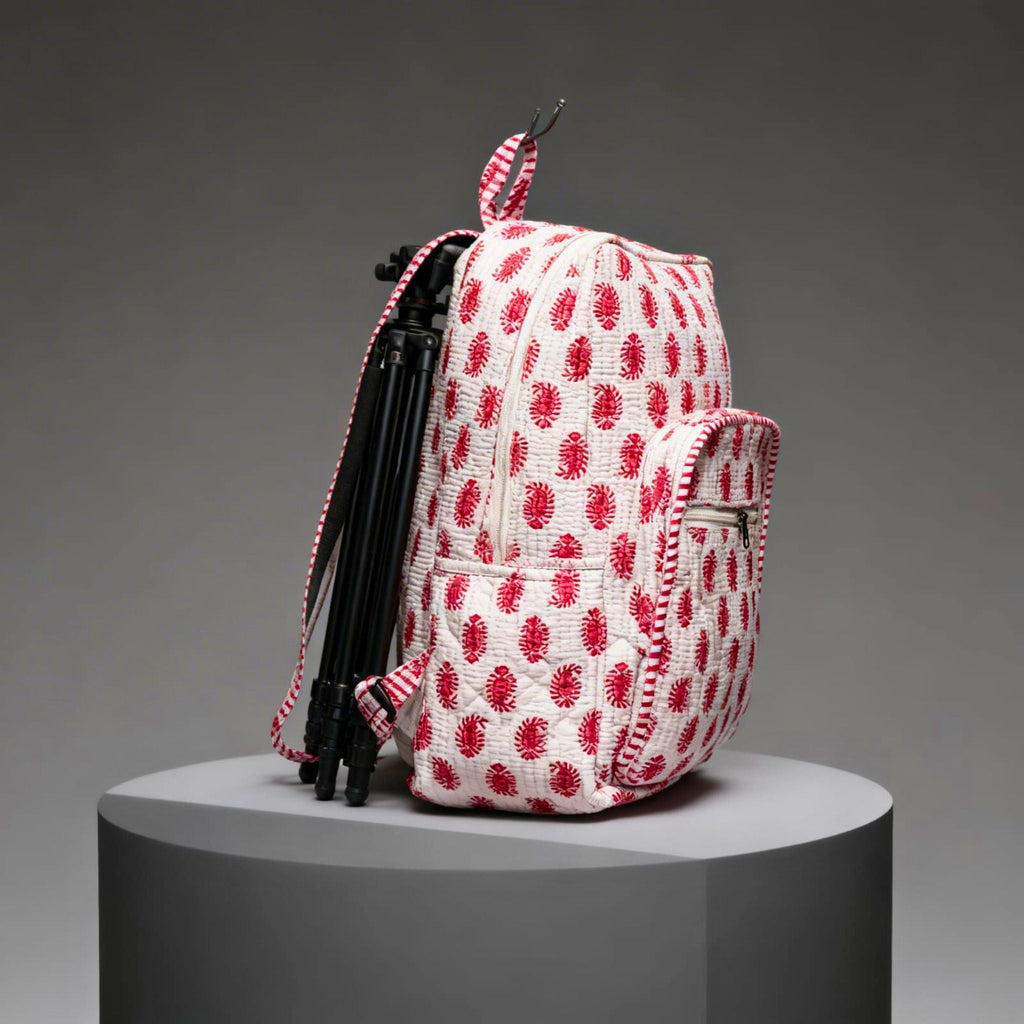 Red Ethnic Print Quilted Backpack by Suryatra
